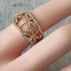 Blue Sage Dragonfly Gold Plated Sterling Silver Ring W Premium Crystals Sz.8